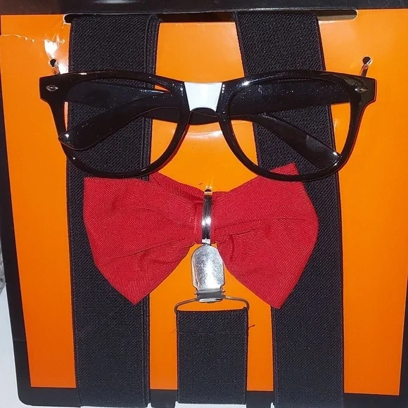 Adult Nerd Costume Black Glasses, Suspenders, Bow Tie NEW - Picture 4 of 5
